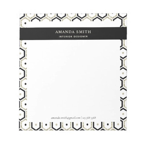 Personalized Black Gold White Geometric Modern  Notepad - Personalized Black Gold White Geometric Modern Notepad 
This beautiful notepad features geometric pattern in faux gold, black and white and you can personalize it with your name and job. It is perfect gift for new job, interior designer, architect, anyone who likes modern elegance and has a desk job.
Message me for any needed adjustments.