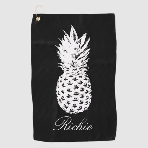 Personalized black golf towel with pineapple image