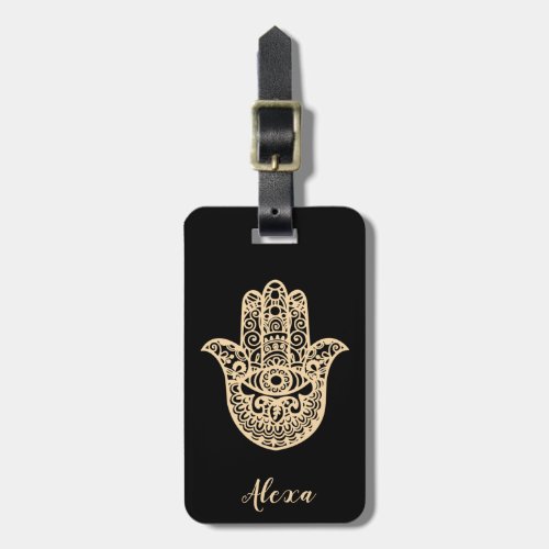 Personalized black good luck gift hamsa hand luggage tag