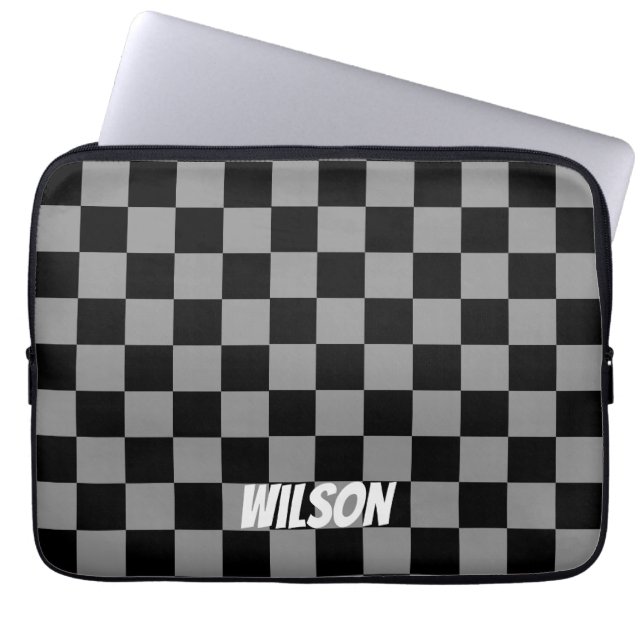 Personalized  black &gray checkered monogram name laptop sleeve (Front)