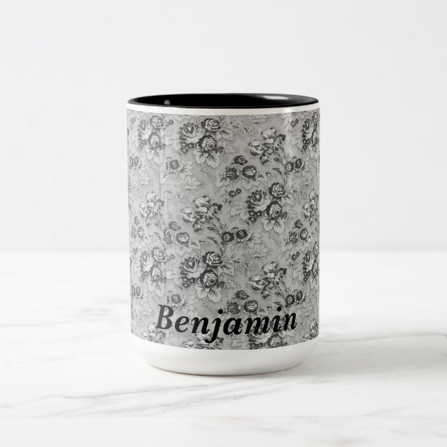 Personalized Black & Gray Florals  Two-Tone Coffee Mug (Center)