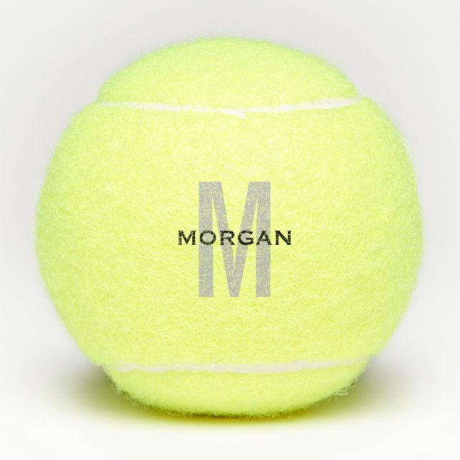 Personalized Black Gray Text Monogram Custom Name Tennis Balls (Front)