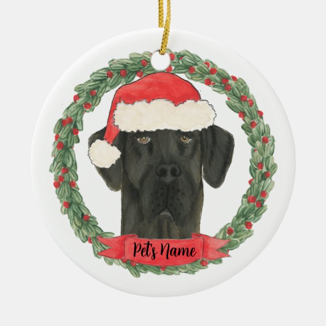 Personalized Black Great Dane Christmas Ceramic Ornament (Front)