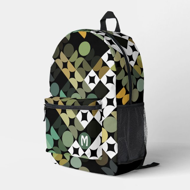 Personalized Black Green Beige Midcentury Art Printed Backpack (Back Corner Right)