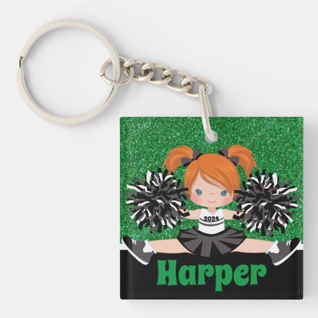 Personalized Black & Green Cheerleading Keychain (Front)