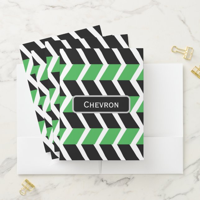Personalized Black Green Chevron Stripe Pocket Folder (In Situ)