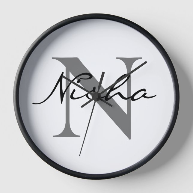 Personalized Black Grey Monogram Name Clock (Front)