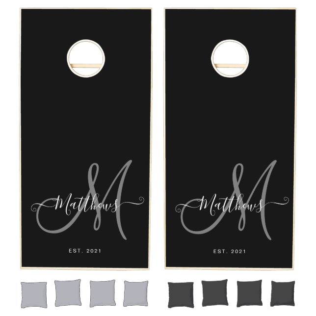 Personalized Black Grey Script Monogram Name Cornhole Set (Set)