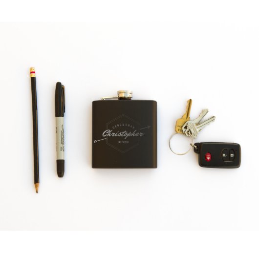 Personalized Black Groomsmen Flask w/Hex & Arrow (Lay Down)