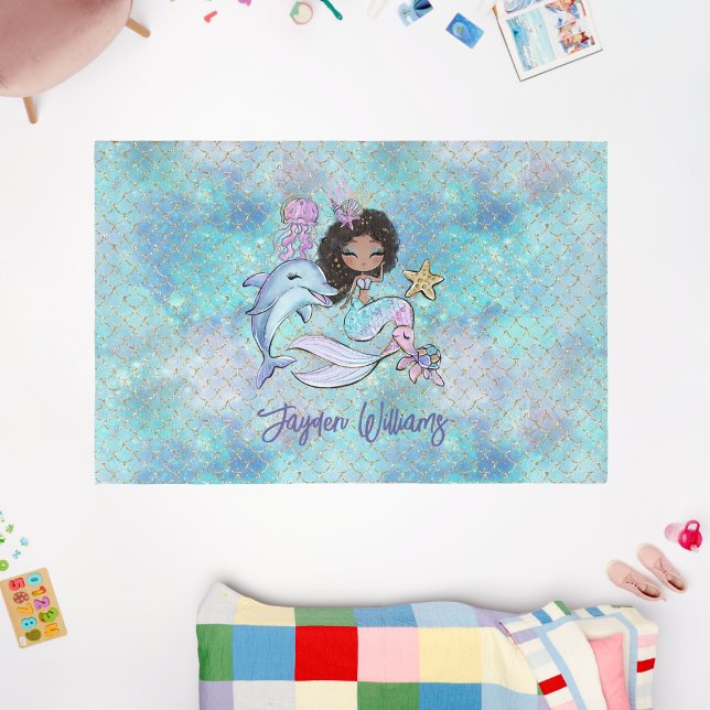 Personalized Black Hair Mermaid Girl Bedroom Rug (Personalized Black Hair Mermaid Girl Bedroom Rug
)