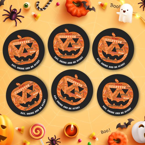 Personalized Black Halloween Pumpkin Typography Round Paper Coaster