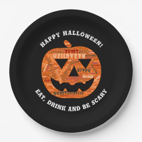 Personalized Black Halloween Pumpkin Word Cloud Paper Plates