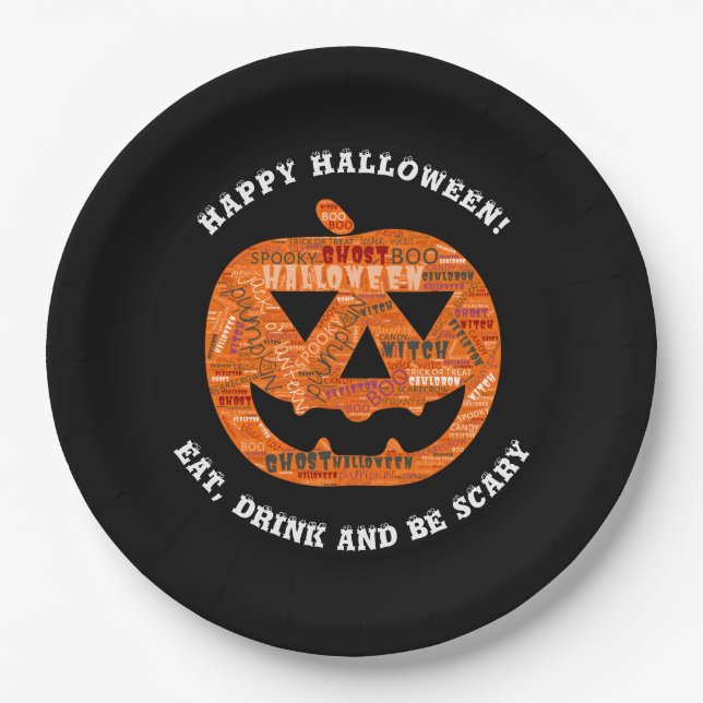 Personalized Black Halloween Pumpkin Word Cloud Paper Plates (Front)
