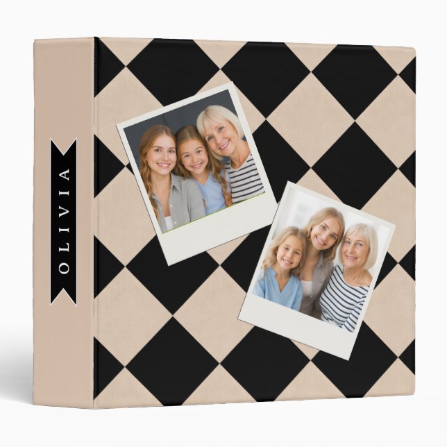 Personalized Black Harlequin Checkered Diamond 3 Ring Binder (Front/Spine)