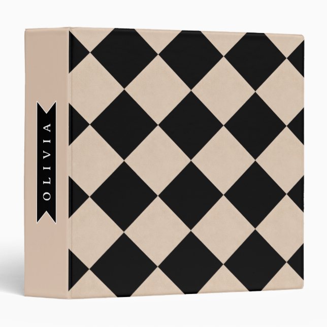 Personalized Black Harlequin Checkered Diamond 3 Ring Binder (Front/Spine)