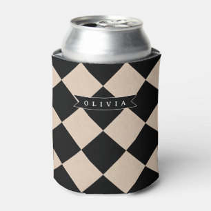 Personalized Black Harlequin Checkered Diamond Can Cooler