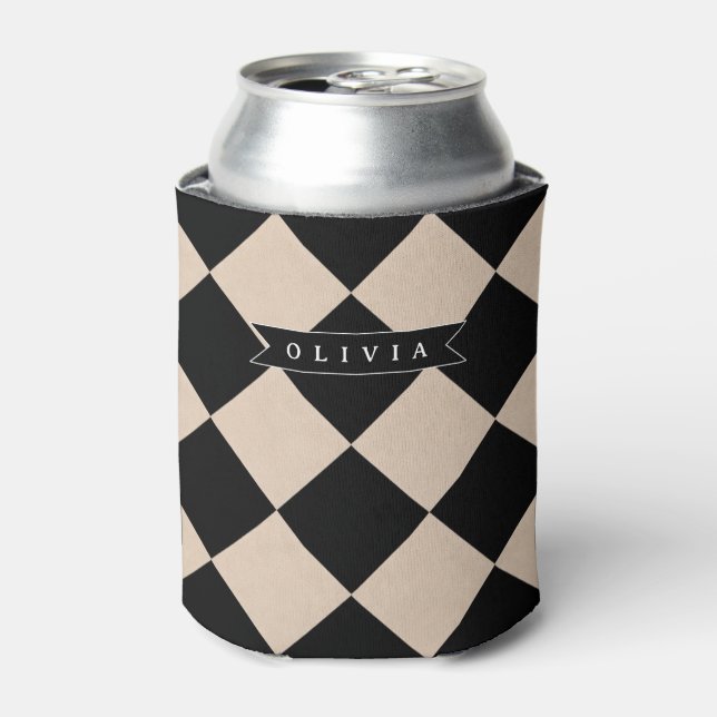 Personalized Black Harlequin Checkered Diamond Can Cooler (Can Front)