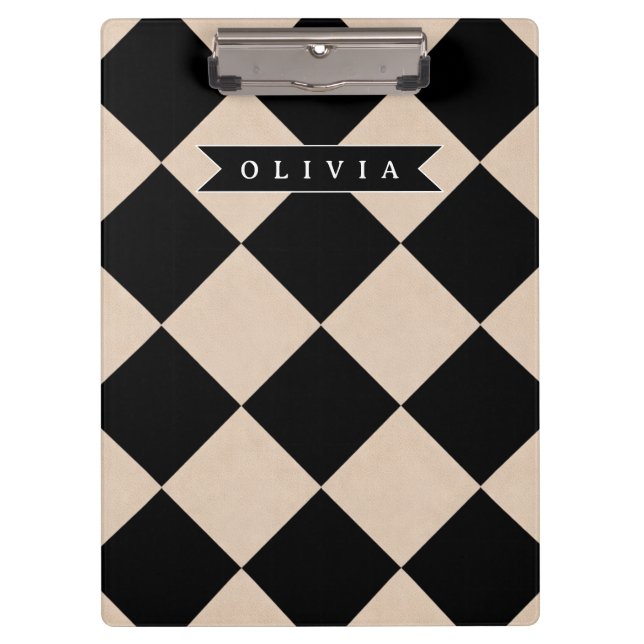 Personalized Black Harlequin Checkered Diamond Clipboard (Front)