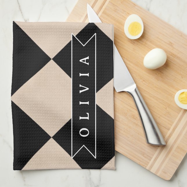 Personalized Black Harlequin Checkered Diamond Kitchen Towel (Quarter Fold)
