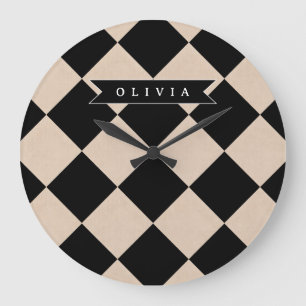 Personalized Black Harlequin Checkered Diamond Large Clock