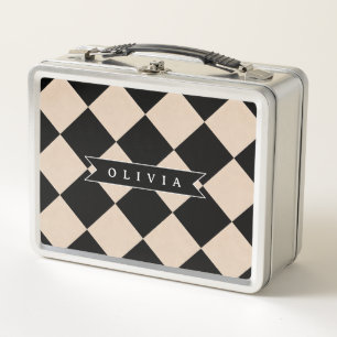 Personalized Black Harlequin Checkered Diamond Metal Lunch Box