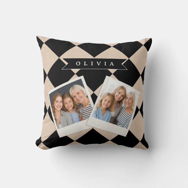 Personalized Black Harlequin Checkered Diamond Throw Pillow (Front)