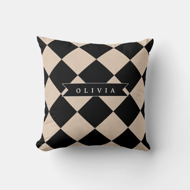 Personalized Black Harlequin Checkered Diamond Throw Pillow (Front)