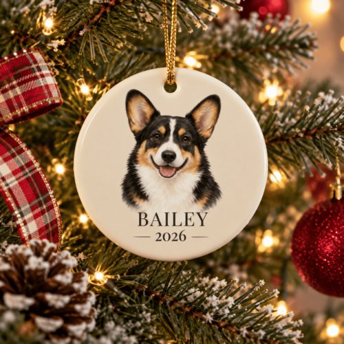Personalized Black Head Tricolor Corgi Name & Year Ceramic Ornament