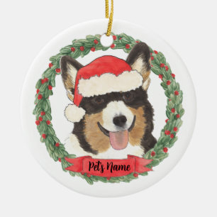 Personalized Black Headed Tricolor Corgi Christmas Ceramic Ornament