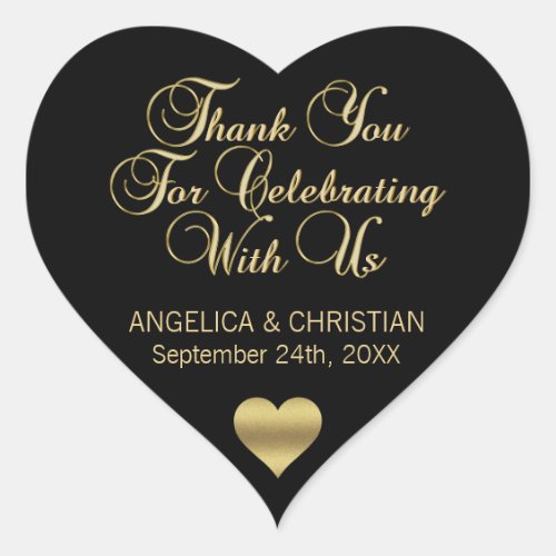 Personalized Black Heart Gold Thank You Wedding Heart Sticker