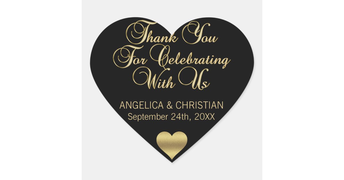 Personalized Black Heart Gold Thank You Wedding Sticker | Zazzle