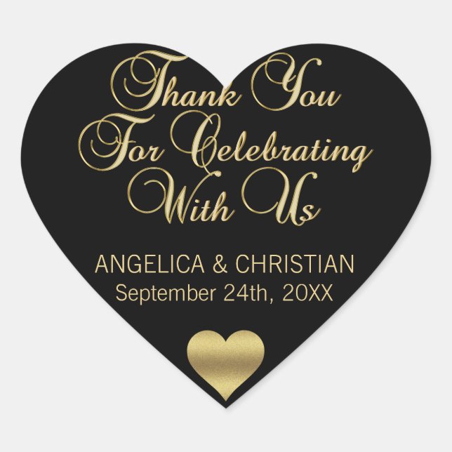 Personalized Black Heart Gold Thank You Wedding Sticker (Front)