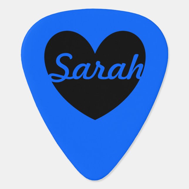 Personalized black heart on blue guitar pick (Back)