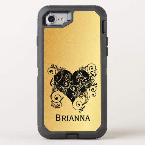 Personalized Black Heart on Gold Trendy OtterBox Defender iPhone SE87 Case