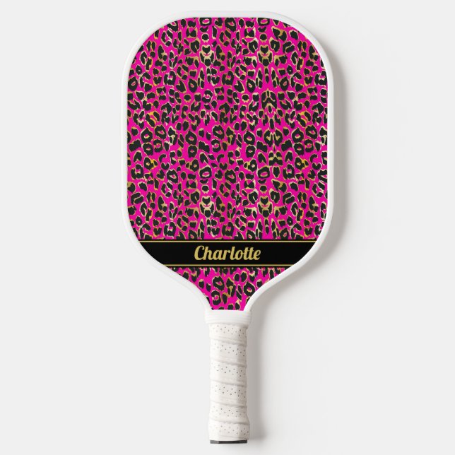 Personalized Black & Hot Pink Leopard Print Girls Pickleball Paddle (Front)