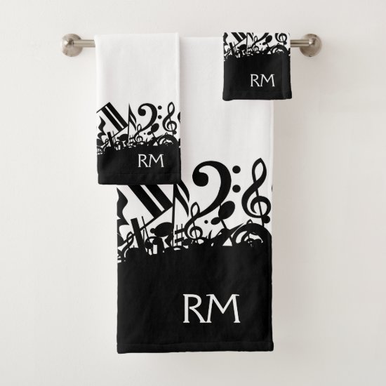 Personalized Black Jumbled Music Notes Bath Towel Set