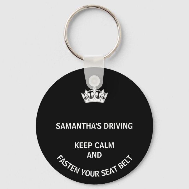 Personalized black Keep Calm girly driving Keychain (Front)