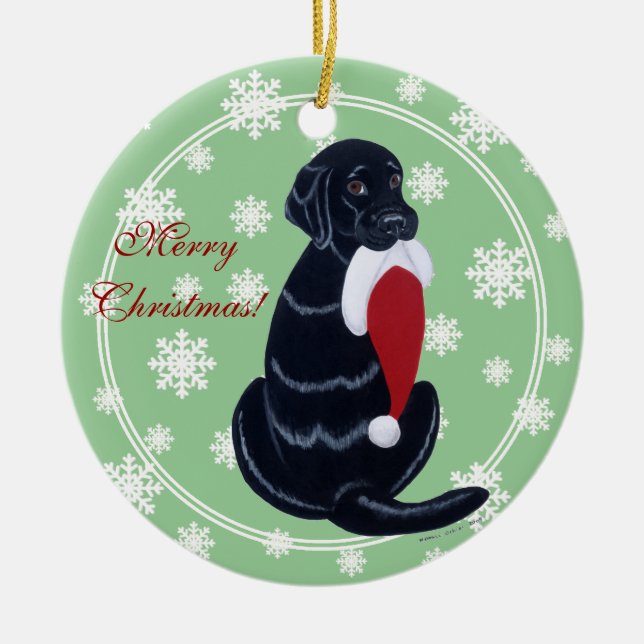 Personalized Black Lab Christmas Santa Hat Ceramic Ornament (Front)