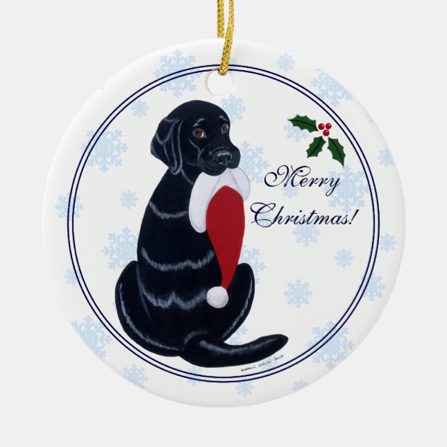 Personalized Black Lab Christmas Santa Hat Ceramic Ornament (Front)