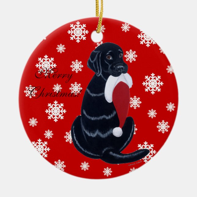 Personalized Black Lab Christmas Santa Hat Ceramic Ornament (Front)