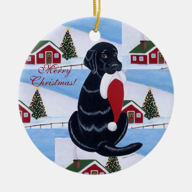 Personalized Black Lab Christmas Santa Hat Ceramic Ornament (Front)
