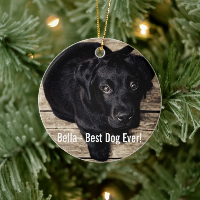 Personalized Black Lab Dog Photo and Dog Name Ceramic Ornament (Tree)