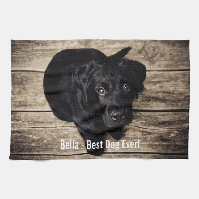 Personalized Black Lab Dog Photo and Dog Name Kitchen Towel (Horizontal)