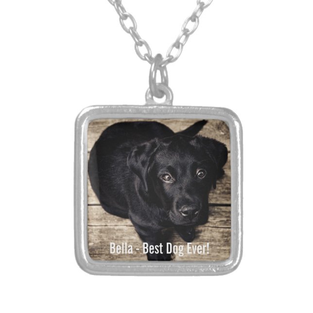 Personalized Black Lab Dog Photo and Dog Name Silver Plated Necklace (Front)