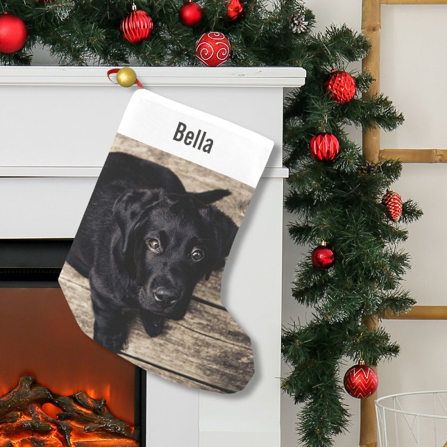 Personalized Black Lab Dog Photo and Dog Name Small Christmas Stocking (Creator Uploaded)