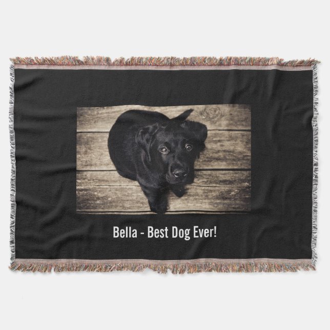 Personalized Black Lab Dog Photo and Dog Name Throw Blanket (Front)