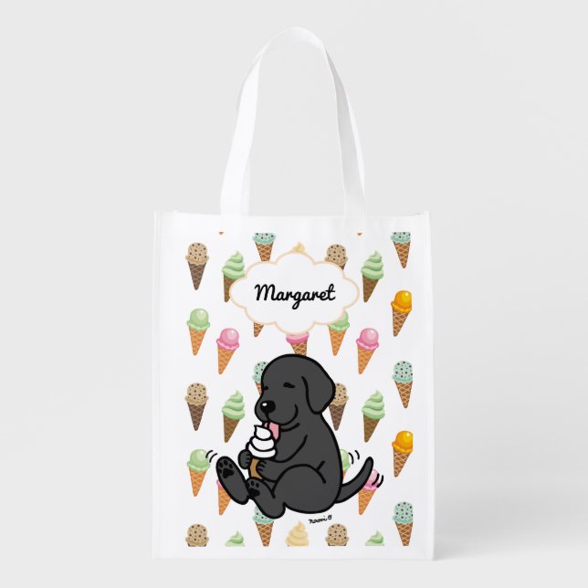 Personalized Black Lab Licking Ice Cream Grocery Bag (Front)