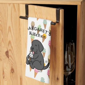 Personalized Black Lab Licking Ice Cream Kitchen Towel
