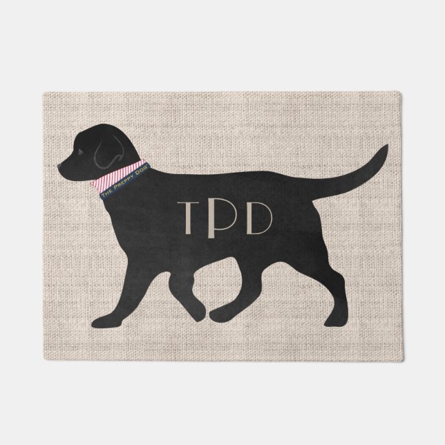 Personalized Black Lab Preppy Monogrammed Tan Jute Doormat (Front)