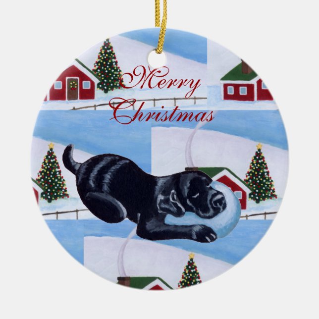 Personalized Black Lab Puppy Christmas Tree Ceramic Ornament (Front)